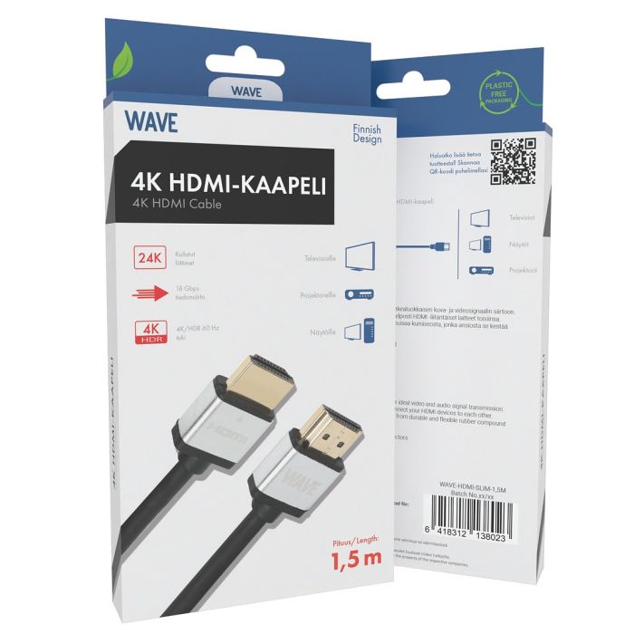 Wave Hdmi 2.0b -kaapeli 4k Hdr @60hz -tuella, 1,5m