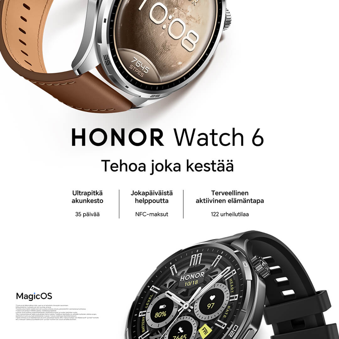 HONOR Watch 6 on &auml;lykello kest&auml;v&auml;ll&auml;, tyylikk&auml;&auml;ll&auml; ja keve&auml;ll&auml; rakenteella sek&auml;  huippuluokan urheilu- ja hyvinvointiominaisuuksilla.