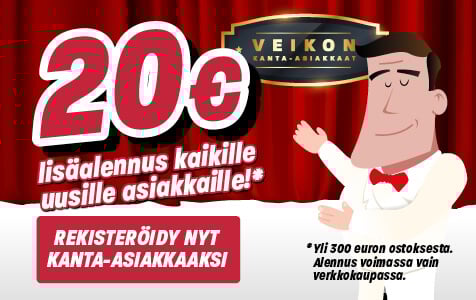 Liity Veikon Koneen kanta-asiakkaaksi rekisteröitymällä kauppaan, niin saat 20€ lisäalennuksen yli 300€ ostokseen.