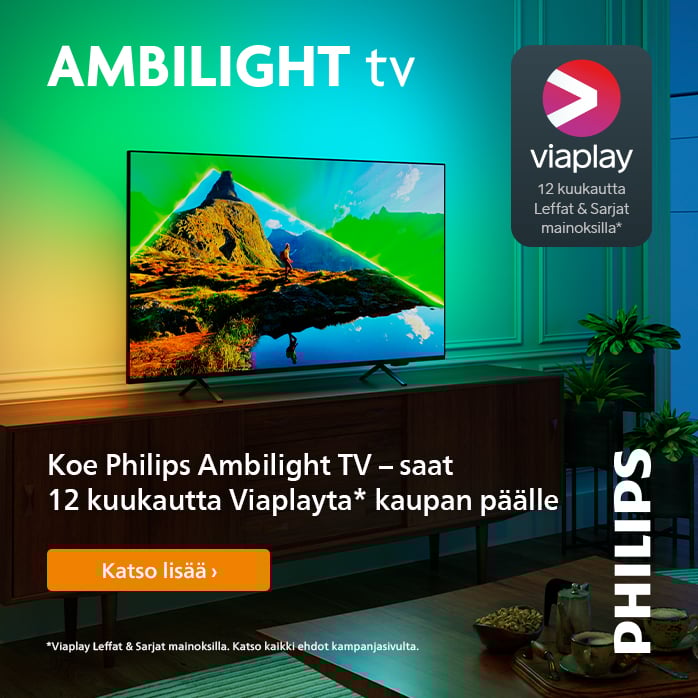 Ostaessasi 55" tai sitä suuremman Titan OS käyttöjärjestelmällä varustetun Philips Ambilight television 23.5.-13.7.2025. välisenä aikana, saat kaupan päälle 12kk Viaplay leffat ja sarjat -tilauksen! (arvo 107,88€).