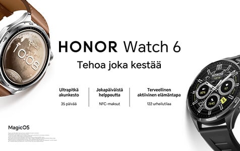 HONOR Watch 6 on &auml;lykello kest&auml;v&auml;ll&auml;, tyylikk&auml;&auml;ll&auml; ja keve&auml;ll&auml; rakenteella sek&auml;  huippuluokan urheilu- ja hyvinvointiominaisuuksilla.