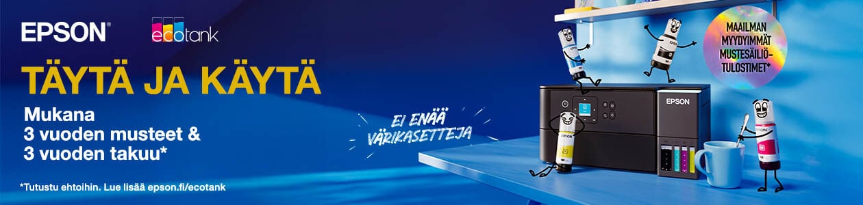 Täytä ja käytä Epson Ecotankeissa on mukana 3 vuoden musteet, ja lisäksi 3 vuoden takuu.