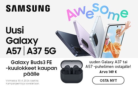 Samsung Galaxy A37 ja A57 ostajalle kaupan p&auml;&auml;lle Samsung Galaxy Buds 3 Fe -kuulokkeet!
