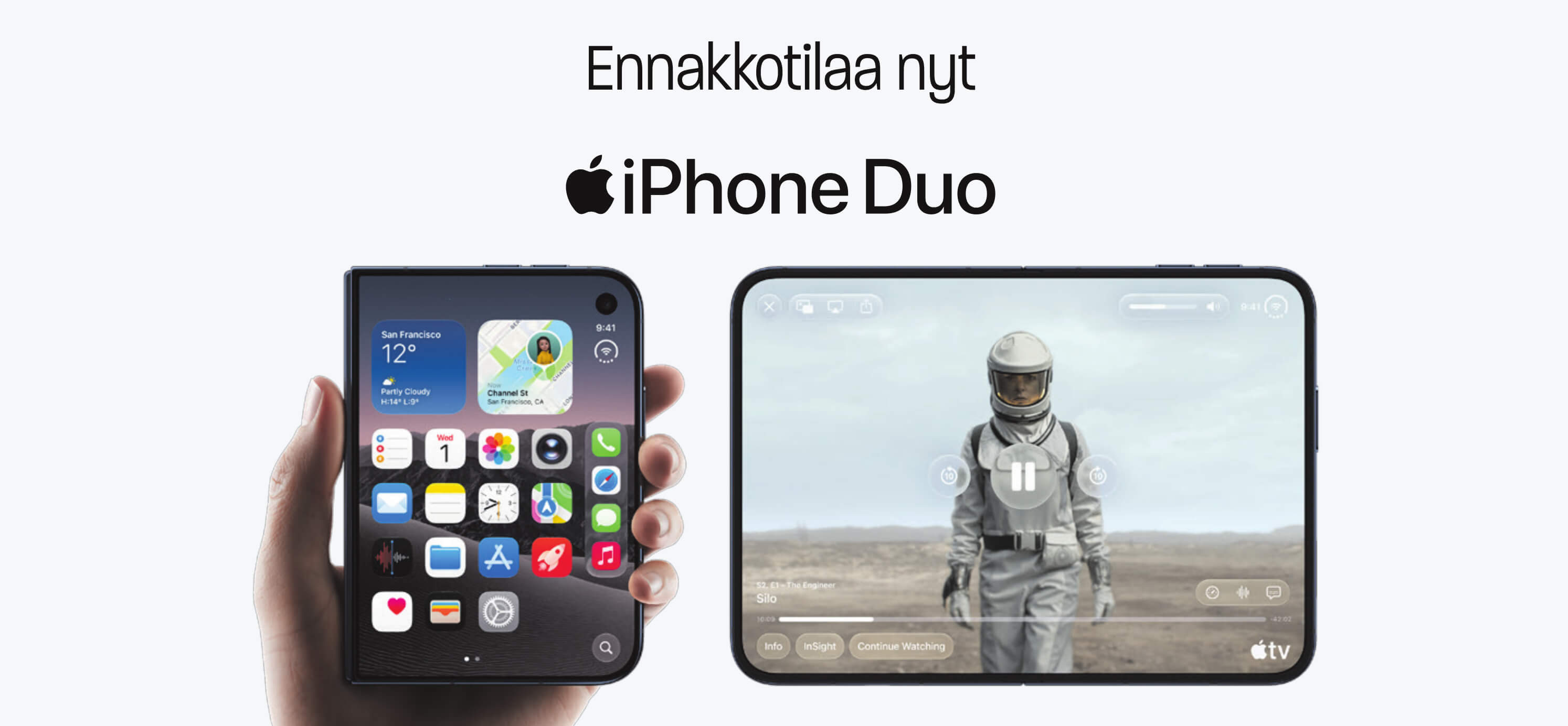 Esittelyss&auml; iPhone Duo, ensimm&auml;inen taittuva iPhone. Avattuna se on ohuin iPhone, jossa on kaikkien aikojen suurin n&auml;ytt&ouml;. Uudistettu iOS luo moni&shy;puoliset mahdollisuudet k&auml;ytt&auml;&auml; puhelinta t&auml;ysin uusissa asennoissa ja uusin tavoin.