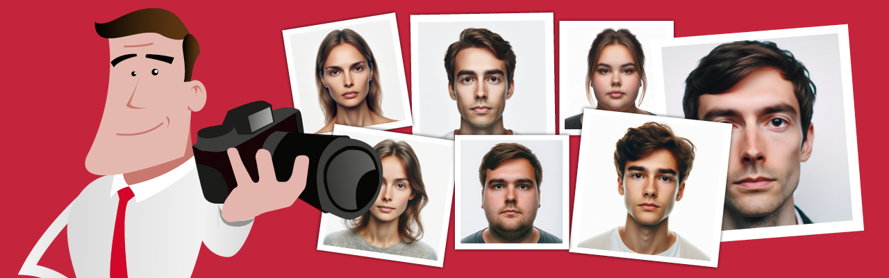 Kuvituskuva Veikko -hahmosta ja passikuvaesimerkeistä Kuvituskuva, jossa Veikko -hahmo pitelee kädessään kameraa. Kuvassa myös seitsemän esimerkkipassikuvaa.