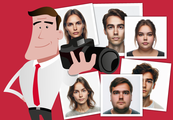 Kuvituskuva Veikko -hahmosta ja passikuvaesimerkeistä Kuvituskuva, jossa Veikko -hahmo pitelee kädessään kameraa. Kuvassa myös seitsemän esimerkkipassikuvaa.